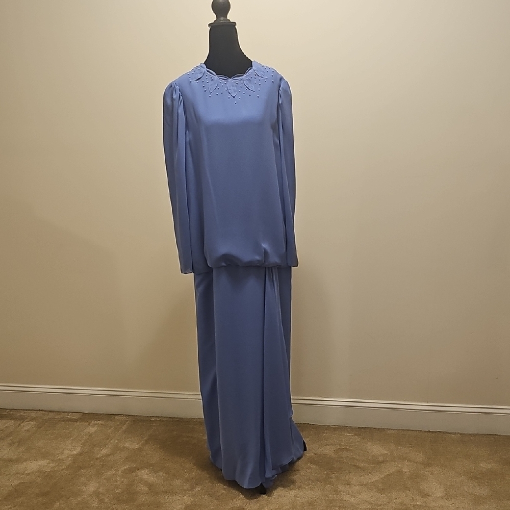 Vintage Layered Beaded Chiffon Draped Periwinkle Blue Size 15/16 Dress/Gown